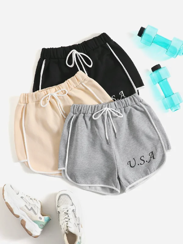 Sporty Letter Contrast Binding Natural Women Shorts Country