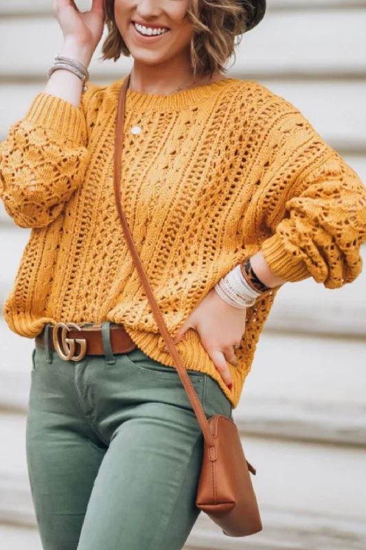 Mustard Openwork Round Neck Drop Shoulder Sweater | Sweater Weather Cozy Women's Sherpa - lined Mustard Openwork Round Neck Drop Shoulder Sweater | Sweater Weather Cozy Women's Sherpa - lined