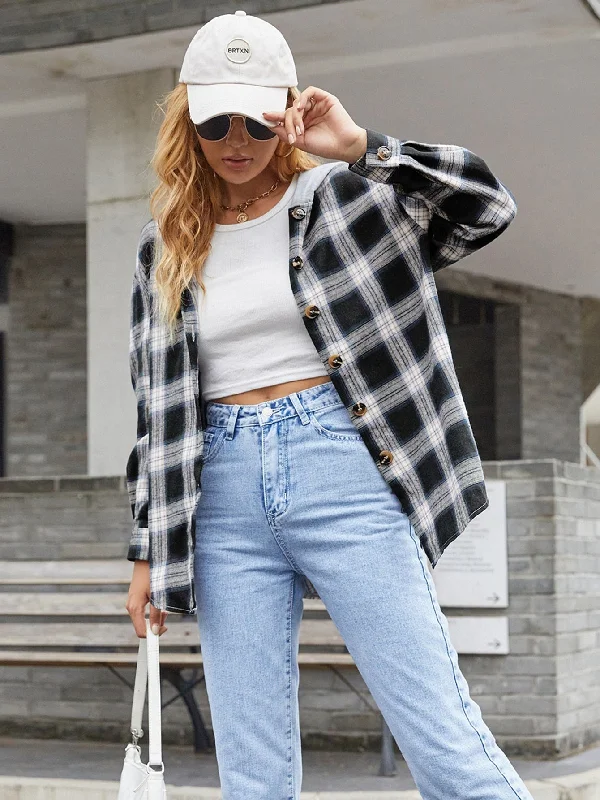 Casual Plaid Button Front Long Sleeve Hooded Short Women Coat Laid - back Women's Style Casual Plaid Button Front Long Sleeve Hooded Short Women Coat Laid - back Women's Style