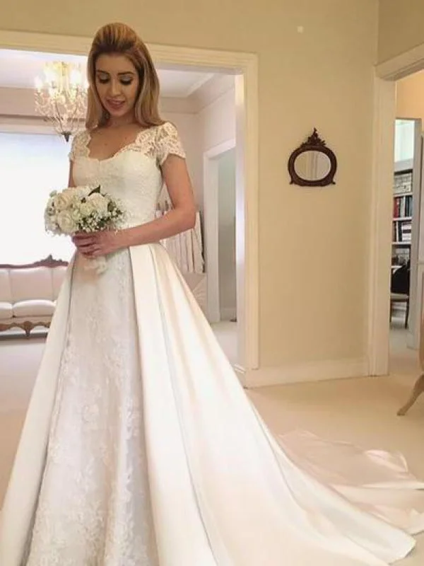 V-Neck Short Sleeve Lace Satin A-Line Wedding Dresses Classic Women's Pin - striped V-Neck Short Sleeve Lace Satin A-Line Wedding Dresses Classic Women's Pin - striped