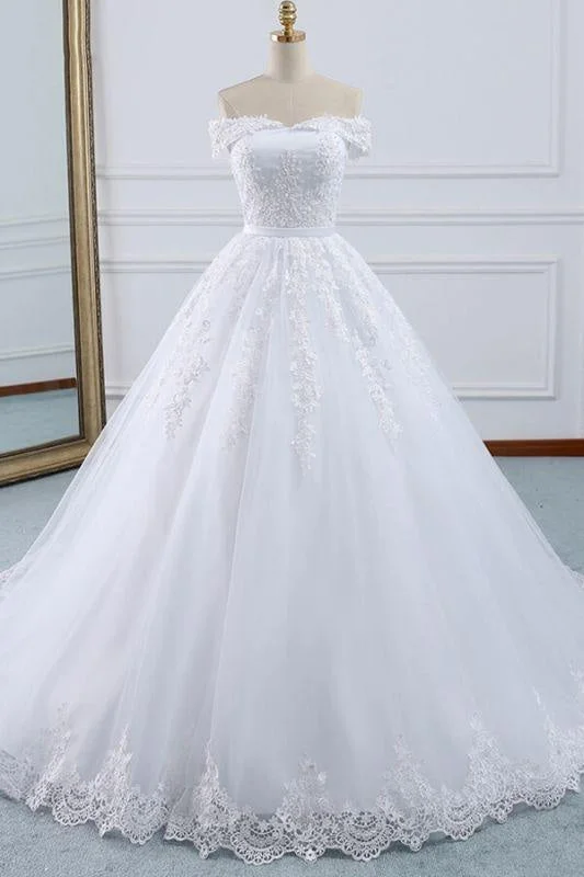 Bridelily Lace-up Off Shoulder Appliques Tulle Wedding Dress Monochromatic All - in - one