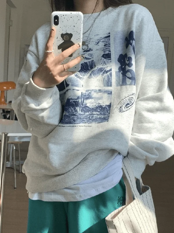 Landscape Print Crew Sweatshirt Artistic Women's Avant - 