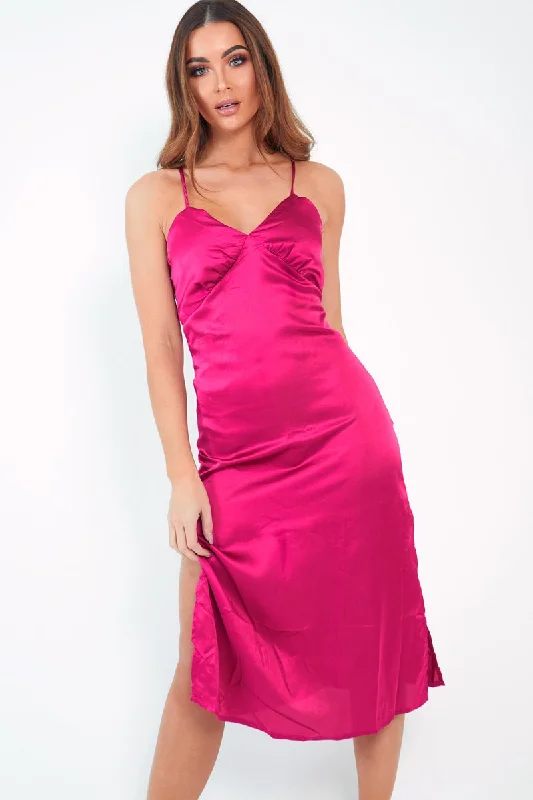 Pink Satin Cami Strap Satin Midi Dress - Sadia