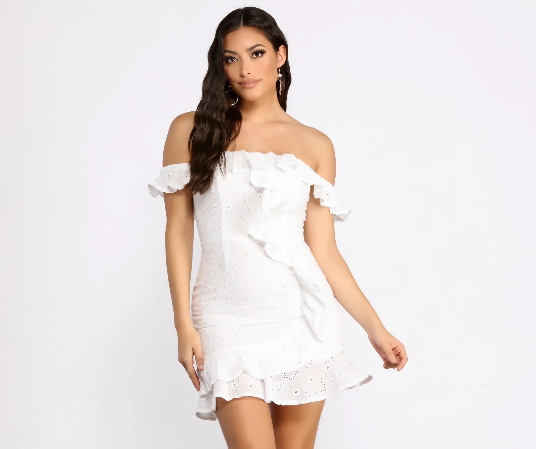 Ruffle Detail Eyelet Off The Shoulder Mini Dress