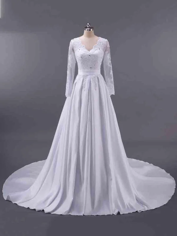 Elegant V-Neck Long Sleeves Lace Ruffles Wedding Dresses Women