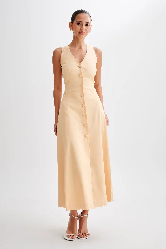 Theodora Cotton Buttoned Midi Dress - Peach Classic Women's Pin - striped