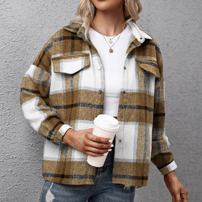 JuliaFashion - 2024 Woman Loose Casual Autumn Winter Turn-down Collar Plaid Jackets Monochromatic Office Style