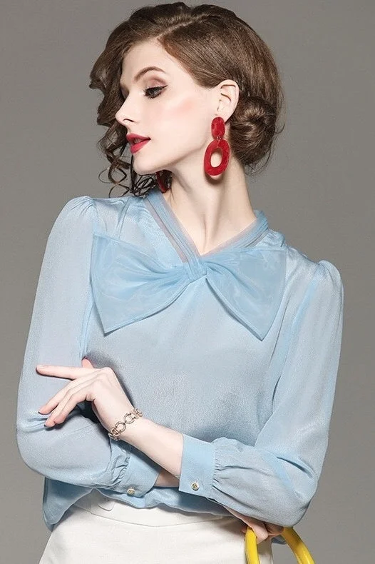 Blue Chiffon Blouse W/ Bow Tie Sophisticated Women's Tailored