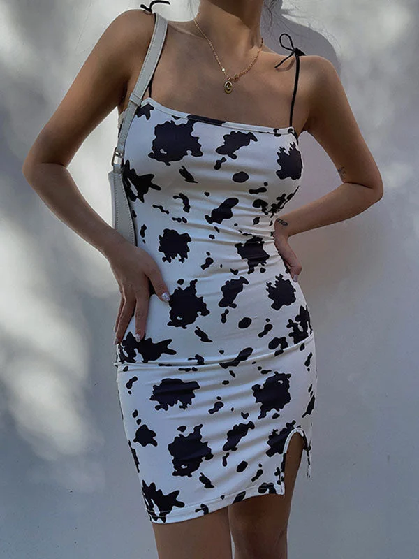 BerryBetty - Cow Print Tie Strap Mini Dress Refined Women's Classic 