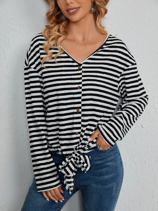 Casual Striped Tie Front Long Sleeve V Neck Regular Women T-Shirt