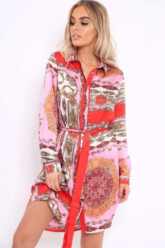 Pink Satin Paisley Print Button Front Shirt Dress - Hailie Contemporary 