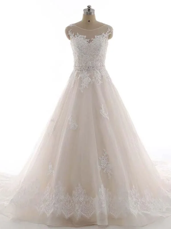 Elegant Bateau Lace Appliques Ribbon Wedding Dresses