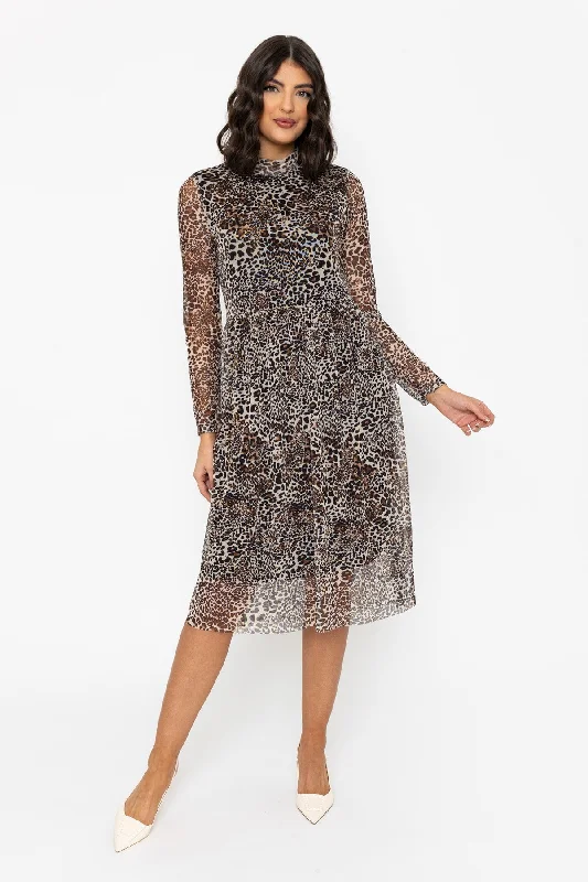 Leopard Print High Neck Mesh Midi Dress