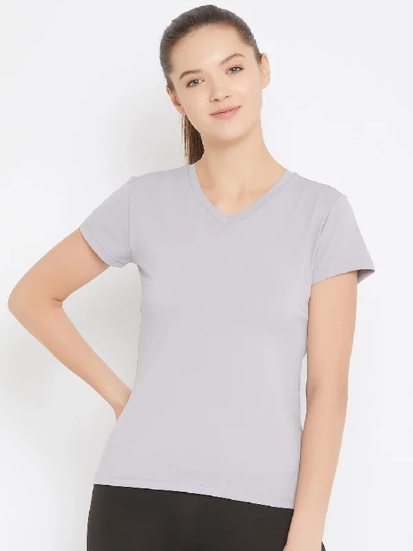 JUMP USA Women Grey Active Wear V- Neck T-shirt Casual Women's Loose - fitting