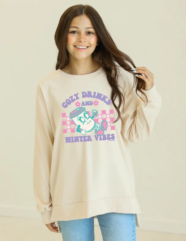 Cozy Drinks Micro Fleece Crewneck, Ivory Earthy Women's 