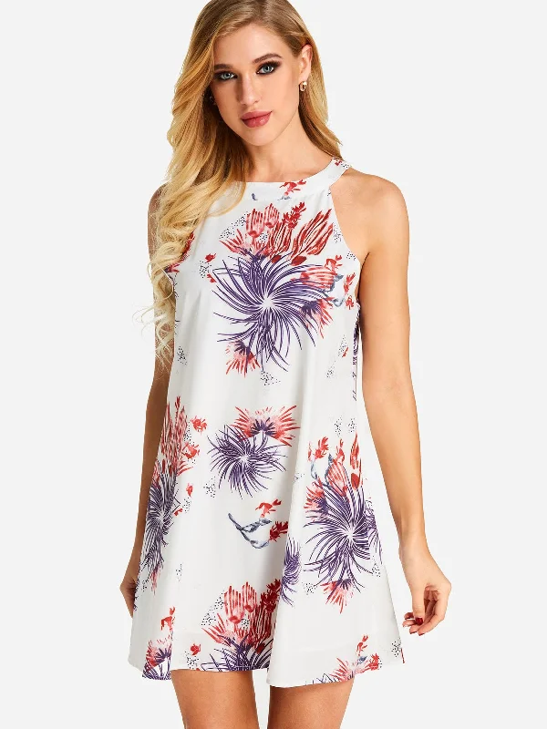 Wholesale White Crew Neck Halter Sleeveless Floral Print Cut Out Mini Dresses Elegant Women's Wholesale White Crew Neck Halter Sleeveless Floral Print Cut Out Mini Dresses Elegant Women's