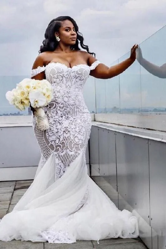 Modest Plus Size Off-the-Shoulder Mermaid Wedding Dresses Artistic Women's Hand - painted