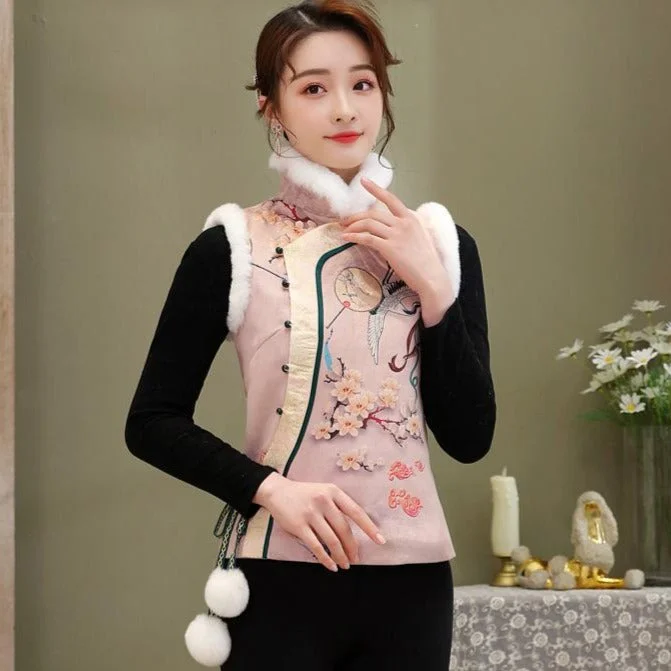 Floral Brocade Stand Collar Fur Edge Chinese Wadded Waistcoat Vest Relaxed Women's Beachy Floral Brocade Stand Collar Fur Edge Chinese Wadded Waistcoat Vest Relaxed Women's Beachy