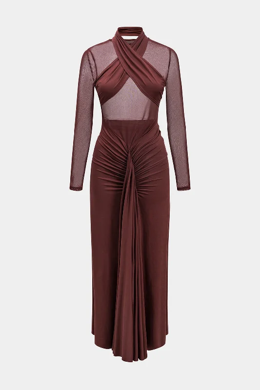 Mesh Pleated Sheer Crossed Long Sleeve Maxi Dress Cozy Women's Sherpa - lined