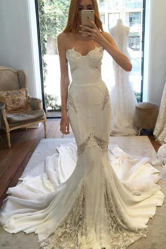 Chapel Train Sweetheart Mermaid Lace Appliques Chiffon Wedding Dress