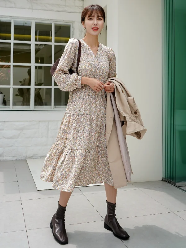 Ditsy Floral Ruffle Hem Long Sleeve V Neck Flounce High Waist Midi Dress Compression