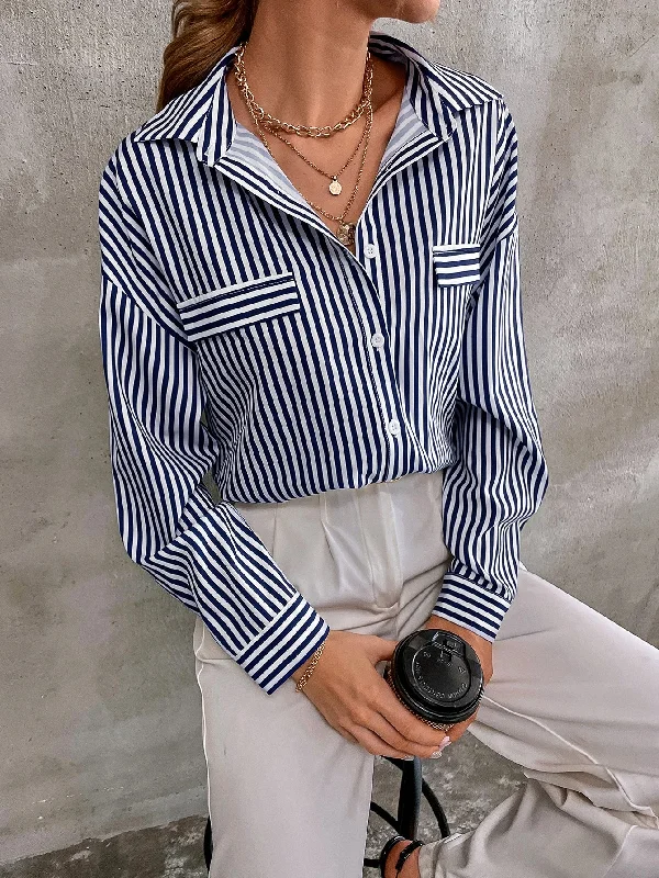 Casual Striped Button Front Long Sleeve Collar Long Blouse Sporty Women's Tennis