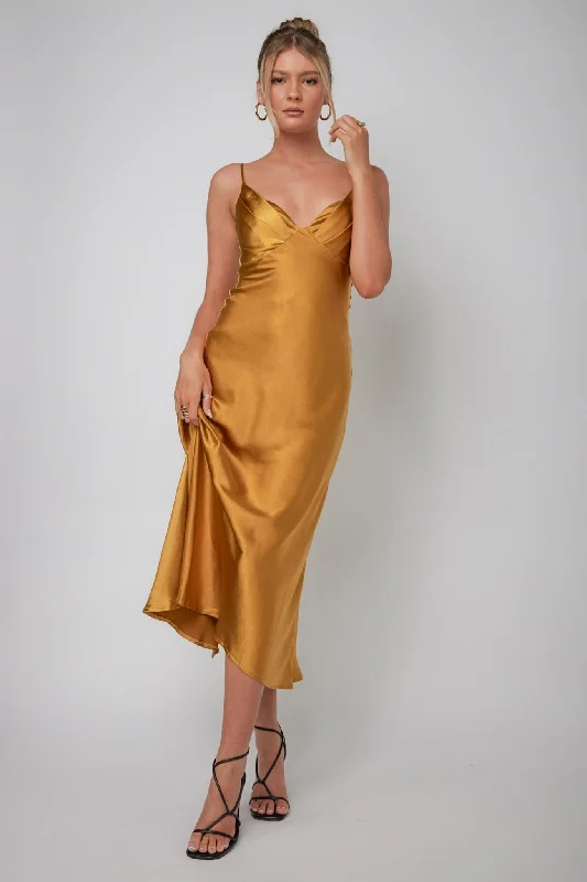 Infinity Pintuck Bust Midi Dress Mustard Sustainable Organic