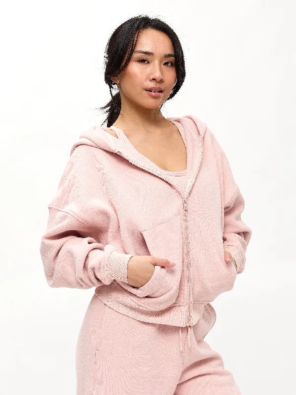 Plush Fleece Zip Hoodie - Strawberry Milk Monochromatic Office Style