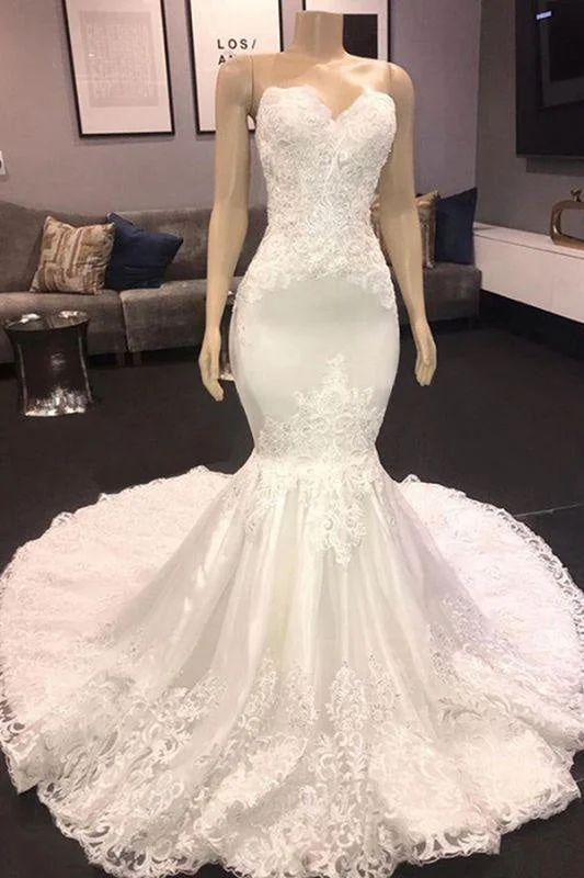 Bridelily Luxury Sweetheart Appliques Mermaid Wedding Dress Polished Women's Silk