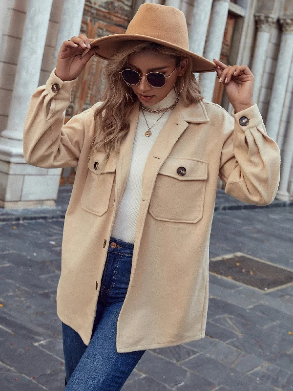 Plain Pocket Long Sleeve Collar Short Women Overcoat Vacation