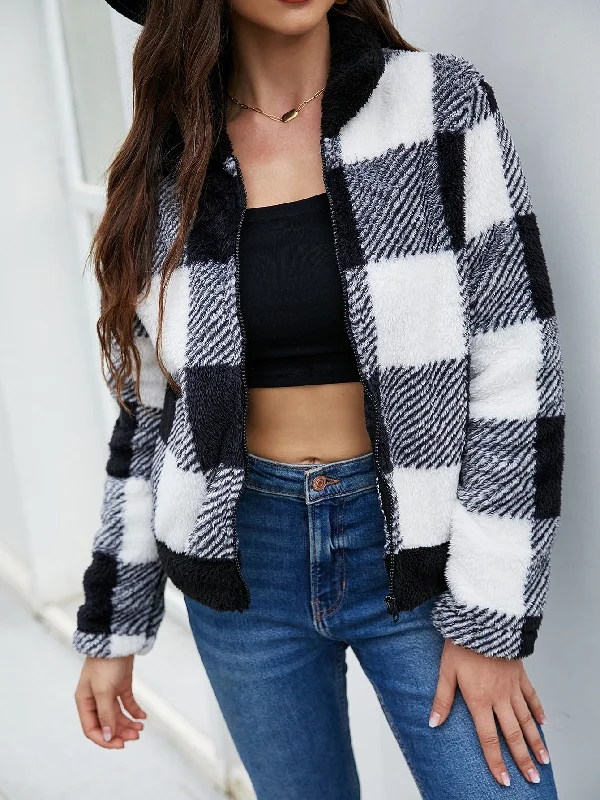 Casual Gingham Zipper Long Sleeve Collar Regular Women Jacket Elegant Women's Formal 