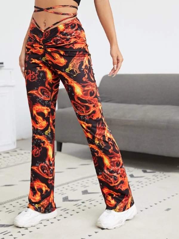 Casual Animal Tie Back Natural Long Women Pants Dynamic Women's High - energy