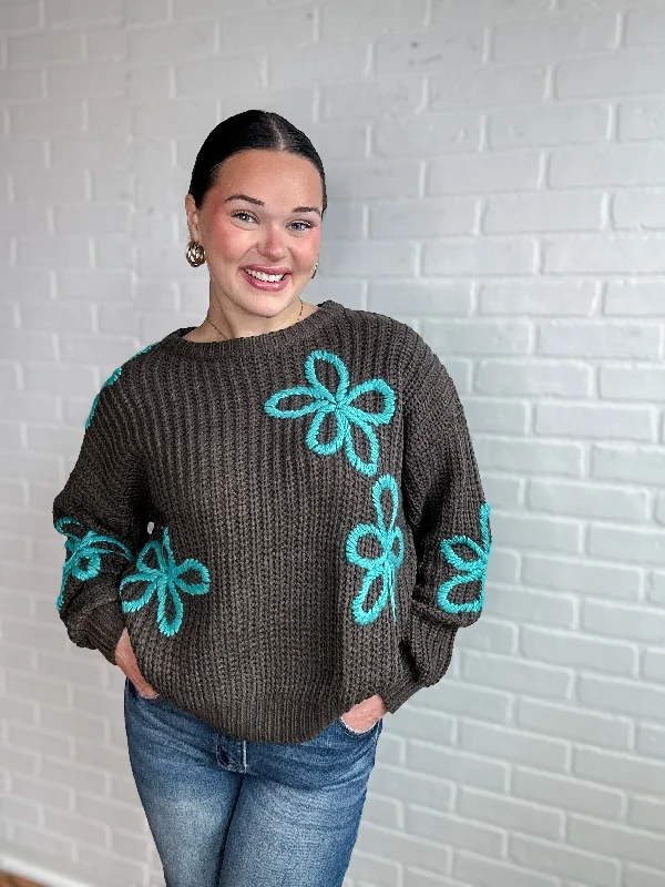 Chocolate Aqua Floral Sweater- Final Sale Cool Women's Skate