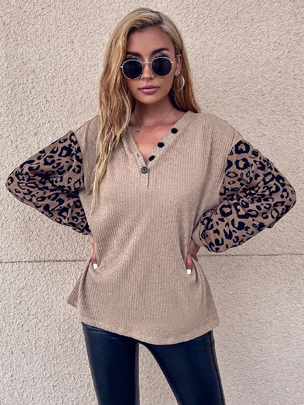 Casual Leopard Button Long Sleeve V Neck Regular Women T-Shirt Feminine Women's Style Casual Leopard Button Long Sleeve V Neck Regular Women T-Shirt Feminine Women's Style