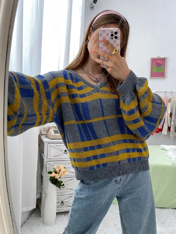 Casual Plaid Long Sleeve V Neck Regular Women Sweater Practical Women's Multi - 