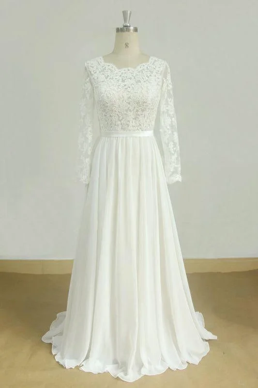 Bridelily Long Sleeve A-line Lace Chiffon Wedding Dress