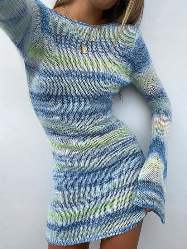 BerryBetty - Backless Long Sleeve Striped Knit Mini Dress Unique Women's Upcycled