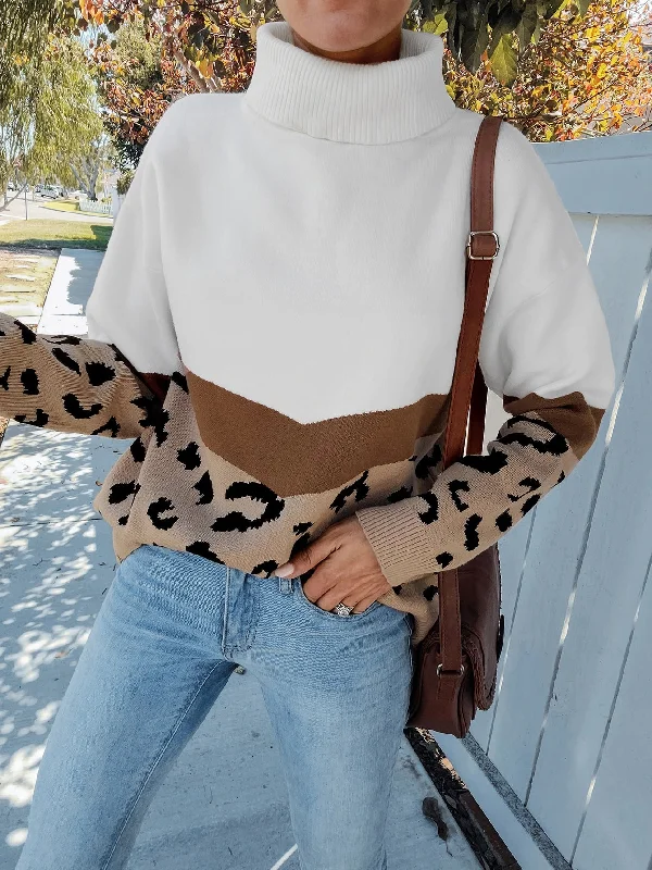 Casual Leopard Long Sleeve High Neck Regular Women Sweater Trendy Women's 
