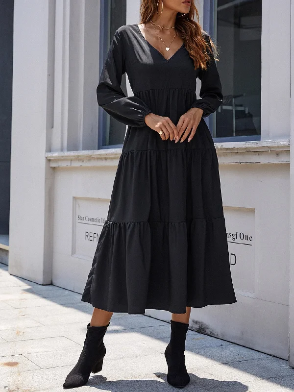 Plain Ruffle Hem Long Sleeve V Neck Flounce High Waist Long Dress