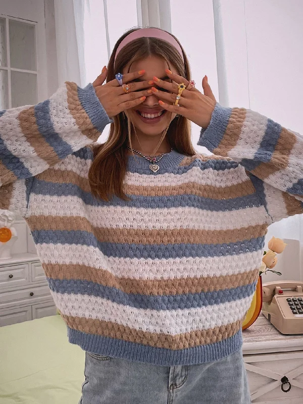 Casual Striped Long Sleeve Round Neck Regular Women Sweater Sleek Women's Metallic