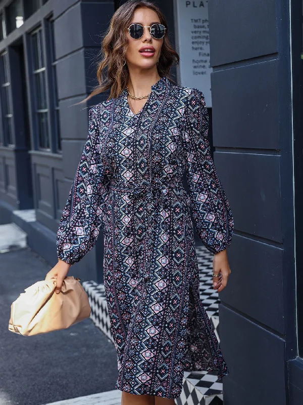 Tribal Split Thigh Long Sleeve Notched Slit High Waist Midi Dress Contemporary 