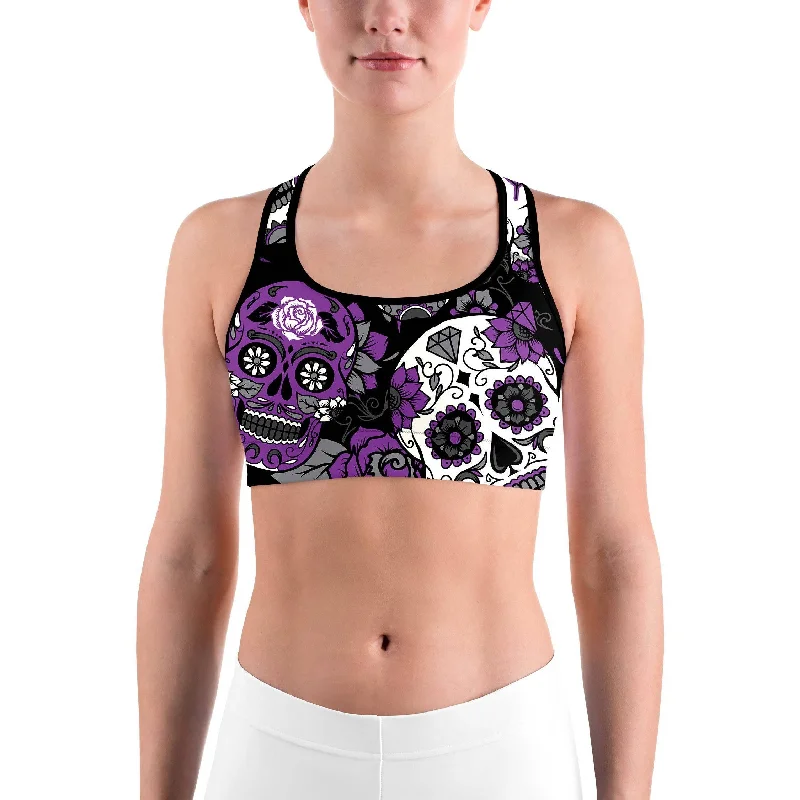 Purple Sugar Skull Sports Bra Artistic Women's Hand - painted