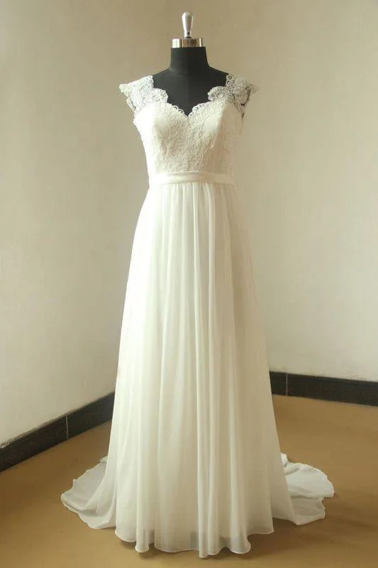 Bridelily V-neck Lace Chiffon Floor Length Wedding Dress Laid - back Women's Style