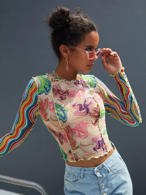 Casual All Over Print Contrast Binding Long Sleeve Round Neck Crop Women Top Bold Women's Statement