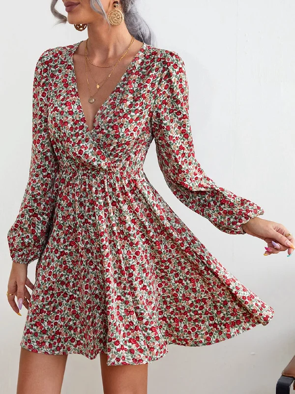 Ditsy Floral Long Sleeve V Neck Flared High Waist Short Dress