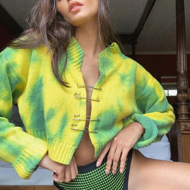 Safety Pin Tie Dye Y2K Style Cardigan Geometric