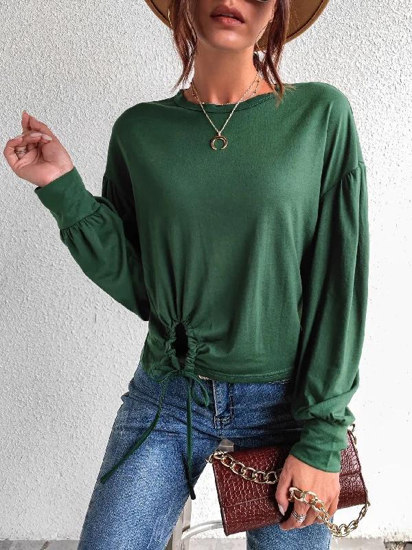 Casual Plain Drawstring Long Sleeve Round Neck Regular Women T-Shirt Feminine Women's Style Casual Plain Drawstring Long Sleeve Round Neck Regular Women T-Shirt Feminine Women's Style