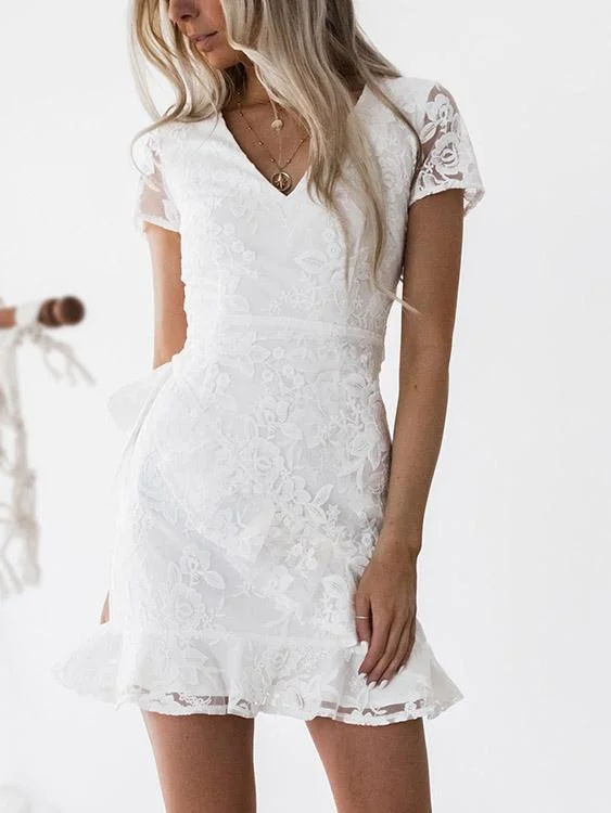 Wholesale White V-Neck Short Sleeve Lace Zip Back Bowknot Ruffle Hem Mini Dresses Traditional Women's 