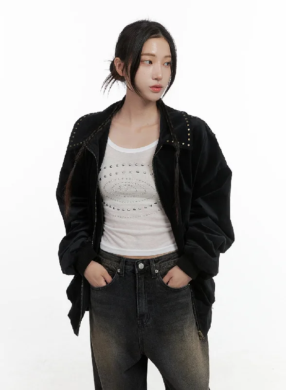 Studded Oversize Collar Jacket CO402 Cozy Women's Sherpa - lined