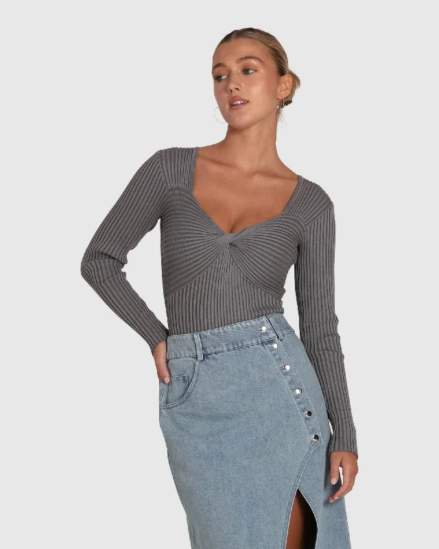 Think Twice Long Sleeve Bodysuit - Grey Marle Elegant Women's 